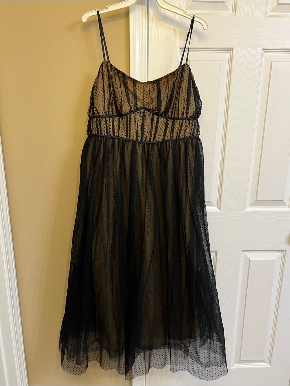 Arula black bustier tank midi dress featuring mesh overlay, GUC, size A